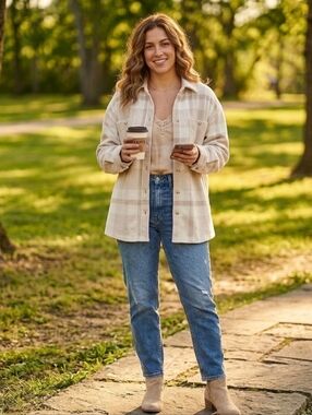 Beige Plaid Shacket - Cozy Neutral Layer